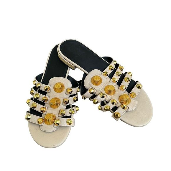 Balenciaga Beige Leather Arena Giant Studded Flat Slides Size 36.5 - Picture 2 of 9